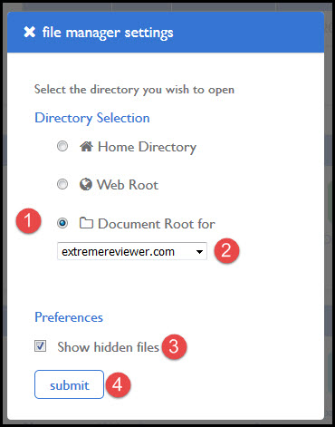 File Manager Pop Up Screen in Hosting Account