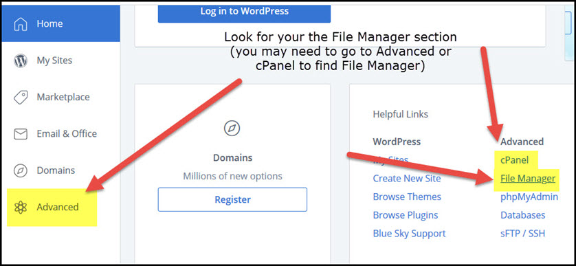 finding file manager in your hosting dashboard