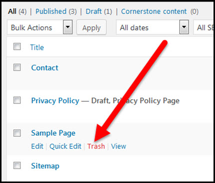 trash link for sample page in wordpress